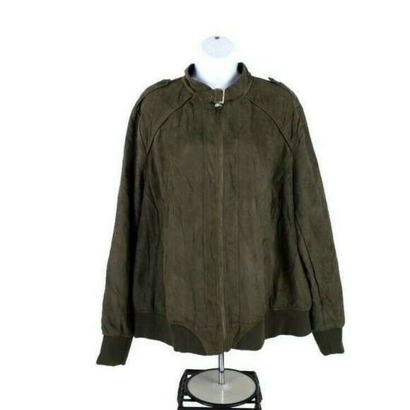 Ruff Hewn Green Faux Suede Bomber Style Zip Front Jacket Womens 2X Military - Picture 1 of 14